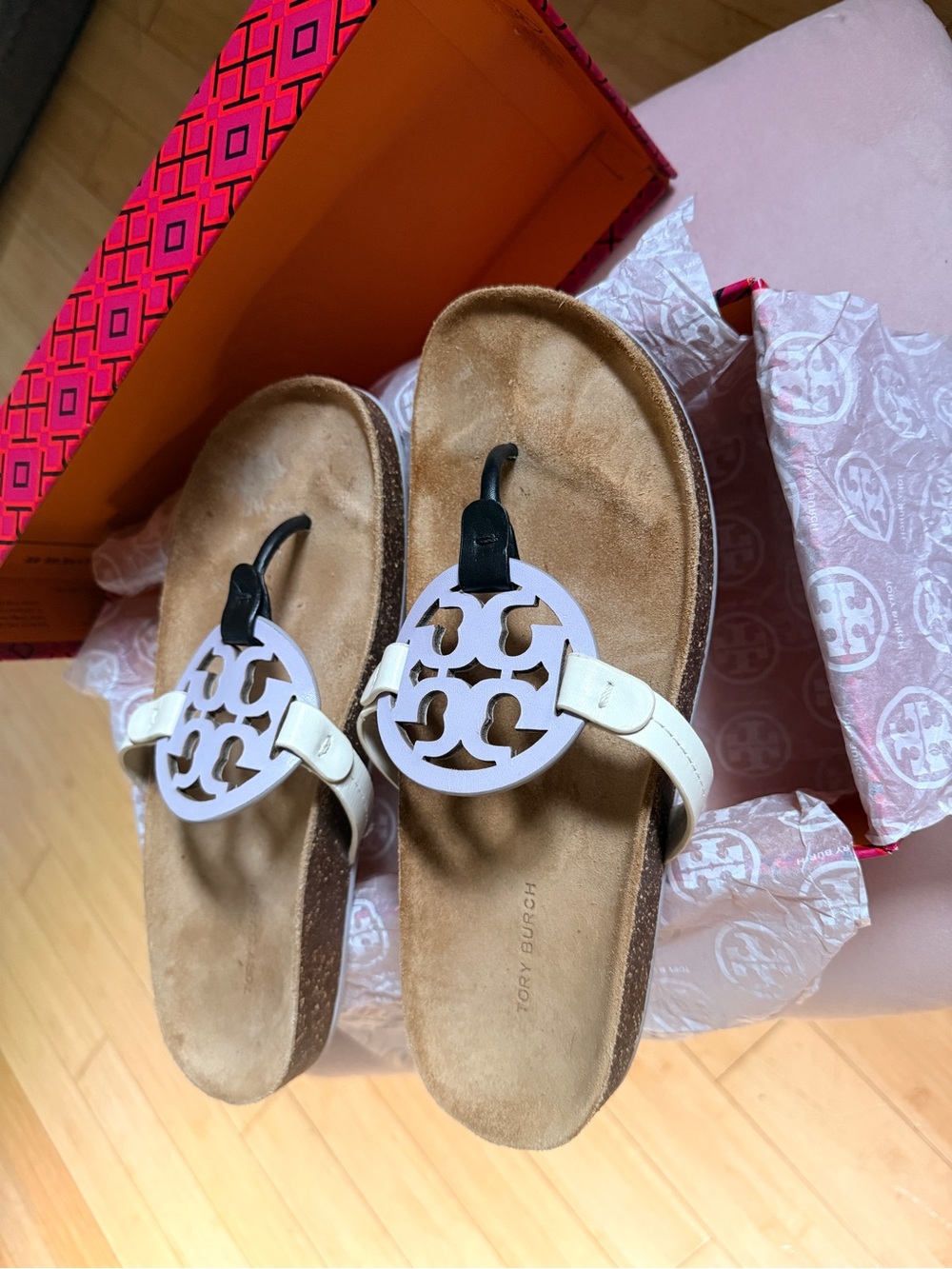 Tory Burch Miller Cloud Leather Cork Sandals Ivory Size 9.5 Style 83402